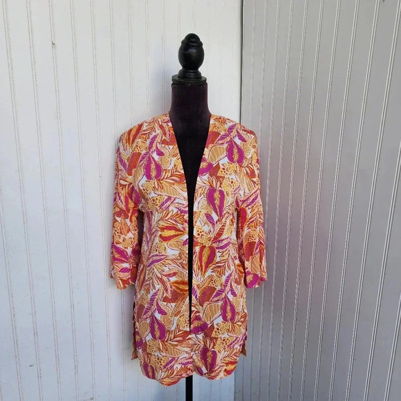 NWT Hippie Rose Fushia Orange Leaves Duster Cardigan Womens Open Front XS - Picture 1 of 14